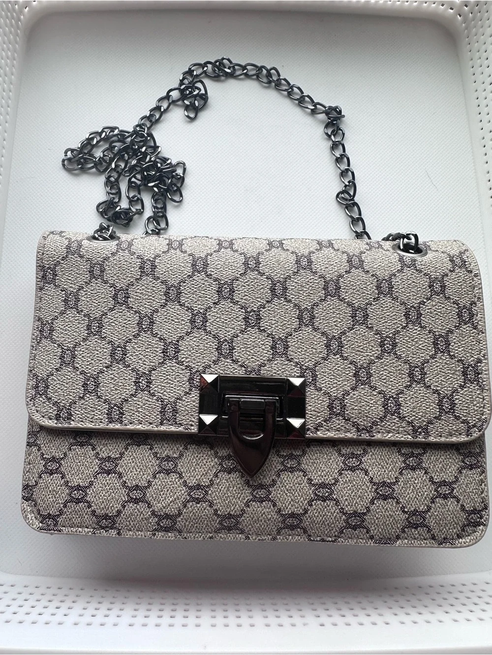 Designer-Style Beige Patterned Crossbody Bag with Gunmetal Chain